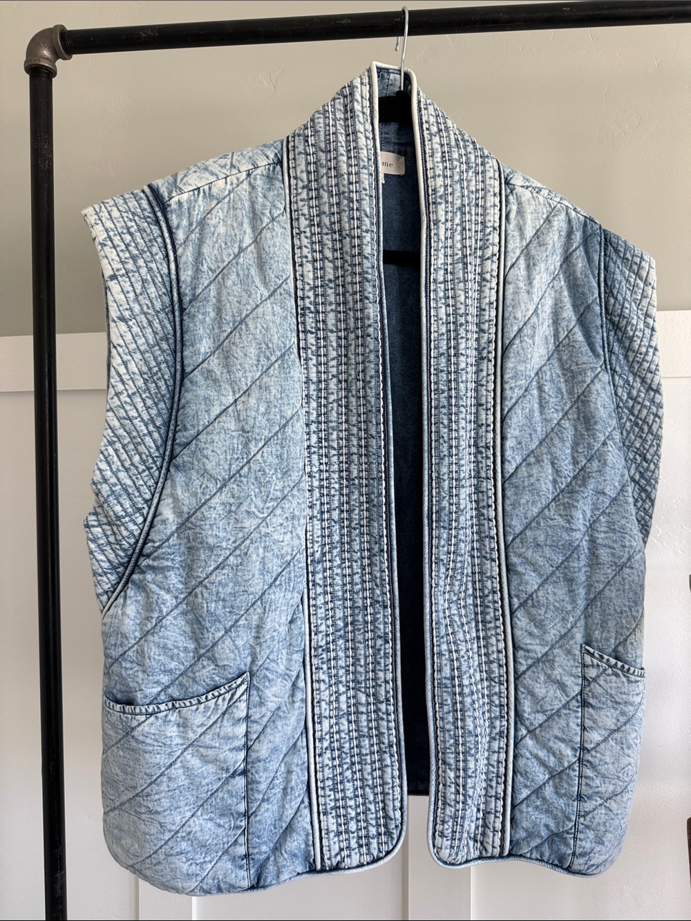 bohme Light Blue Quilted Denim Vest with Textured Trim